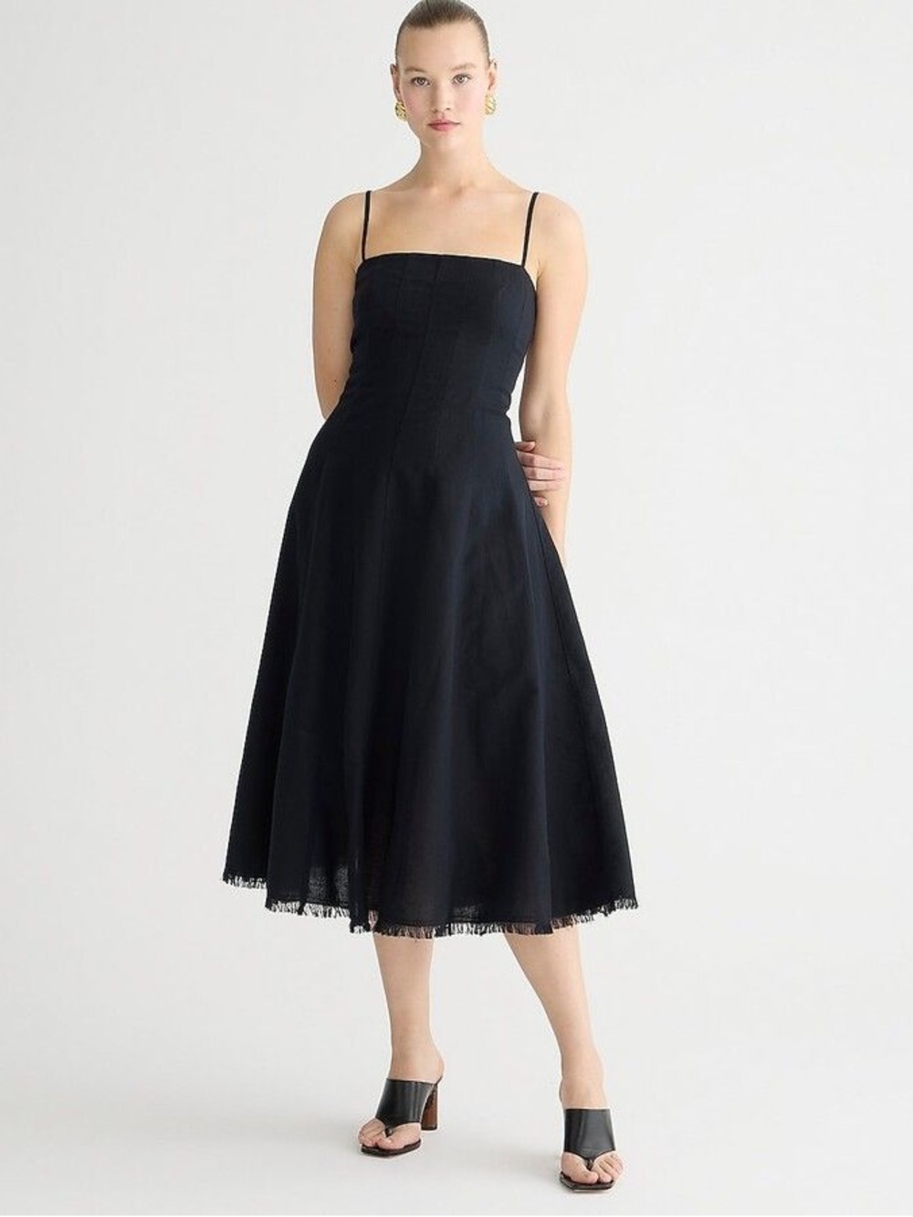 J. Crew Seamed Flare Midi Dress in Linen Blend Black 4 NWT - Picture 2 of 4